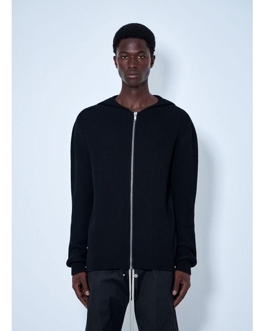 Rick Owens Blue Ribbed Knit Zip Hoodie for men