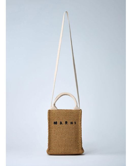 Marni White Mini Logo Motif Raffia Handbag