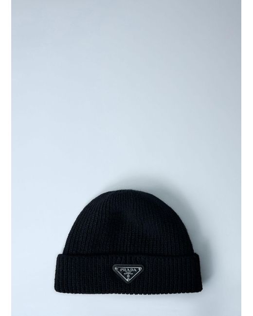 Prada Blue Logo Motif Wool And Cashmere Beanie Hat for men
