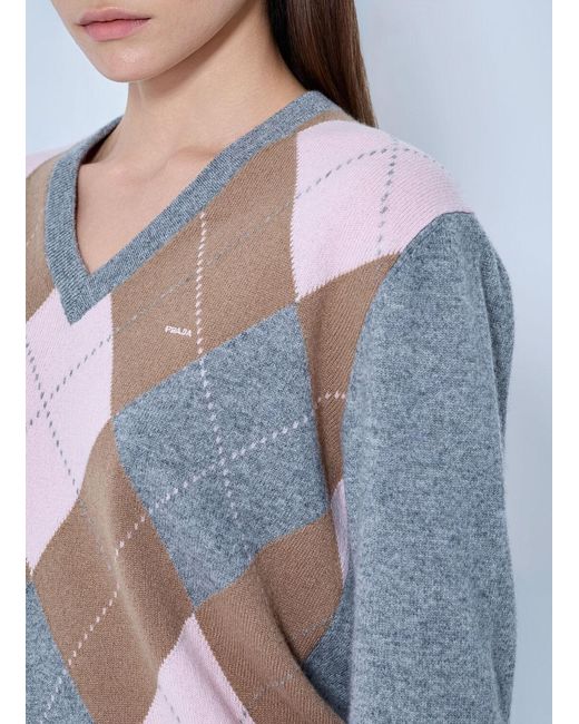 Prada Blue Argyle V-Neck Sweater
