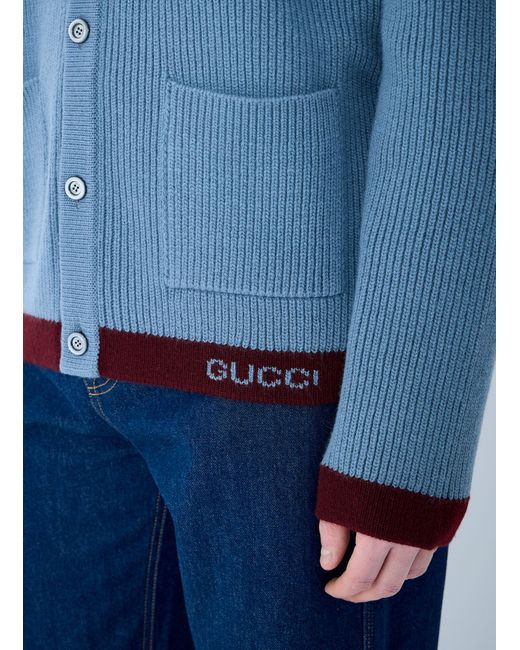 Gucci Blue Wool Cardigan With Intarsia for men