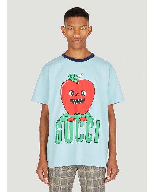Gucci Cotton Apple Print Hollywood Tshirt in Light Blue (Blue) for Men
