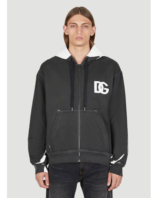 Dolce & Gabbana Gray Distressed Logo Print Hooded Zip-up Sweatshirt for men