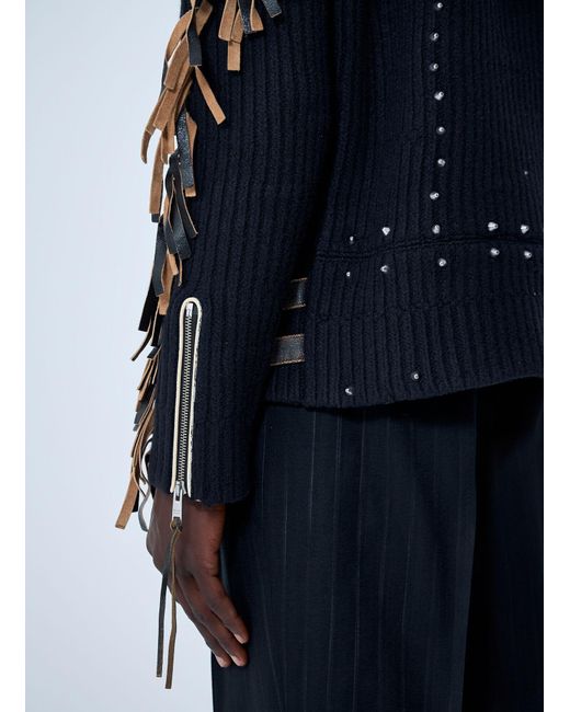 Prada Blue Leather Embellished Wool Sweater for men