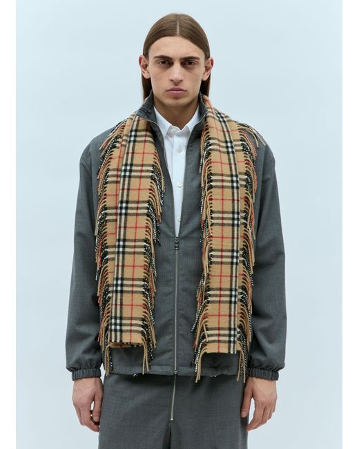 Burberry Gray Check Cashmere Fringed Scarf