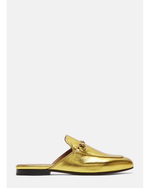 Gucci Princetown Metallic Leather Slipper Shoes In Gold