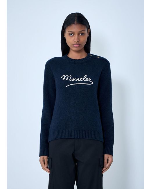 Moncler Blue Embroidered Logo Wool Sweater