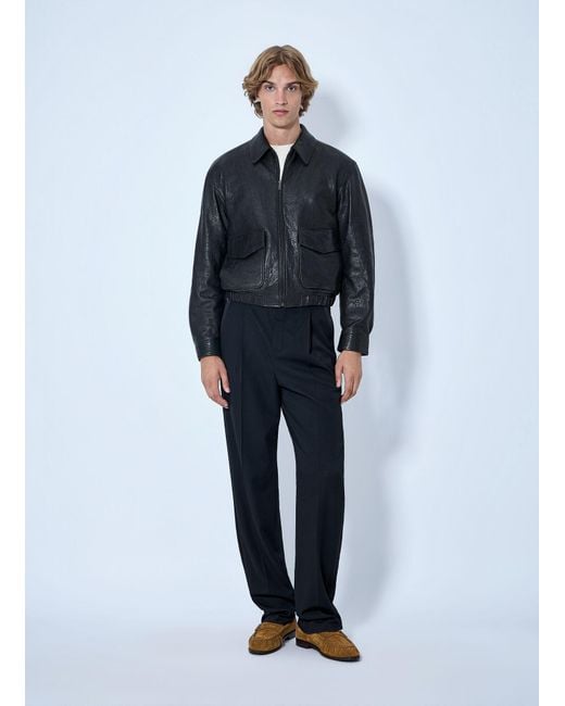 Saint Laurent Blue Zip-Front Leather Jacket for men