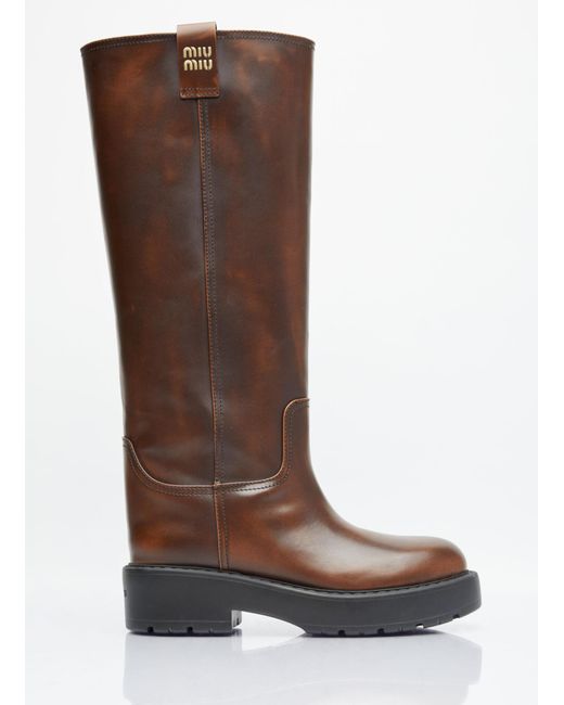 Miu Miu Brown Fumé Leather Knee-high Boots - Women's - Rubber/calf Leather