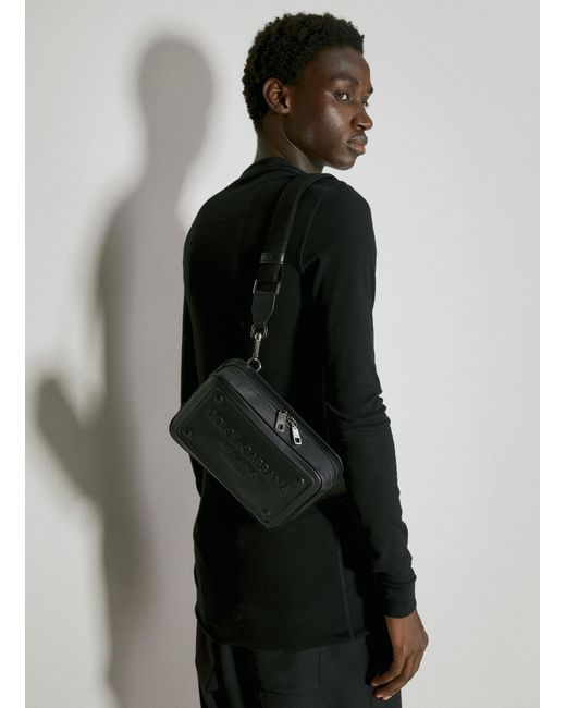 Dolce & Gabbana Black Embossed Logo Leather Crossbody Bag for men