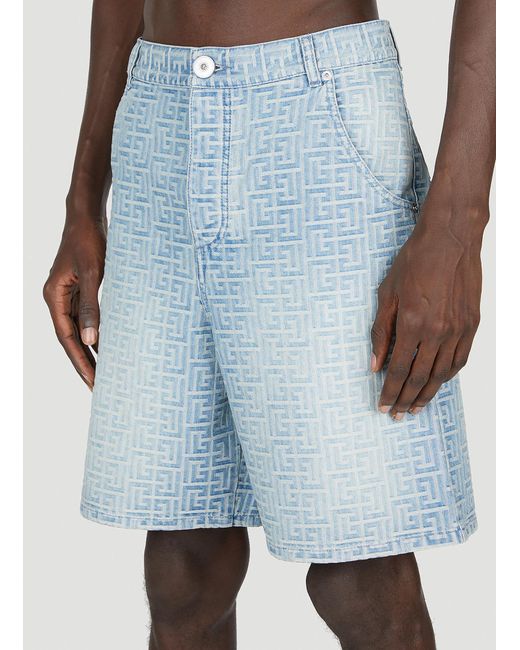 Balmain Blue Monogram Denim Shorts for men