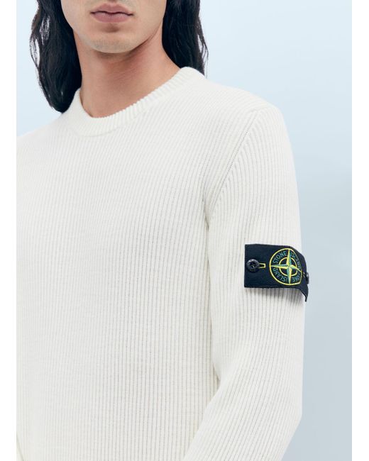 Stone Island White Compass Patch Rib Sweater for men