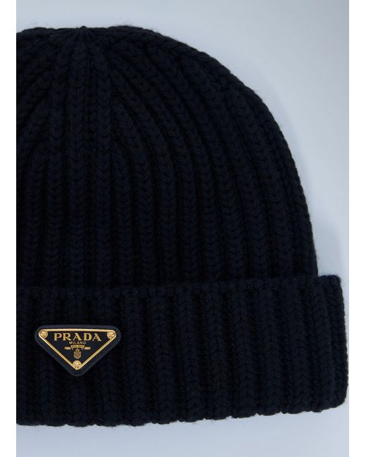 Prada Blue Logo Motif Beanie Hat