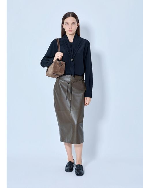 Max Mara Gray Leather Midi Skirt