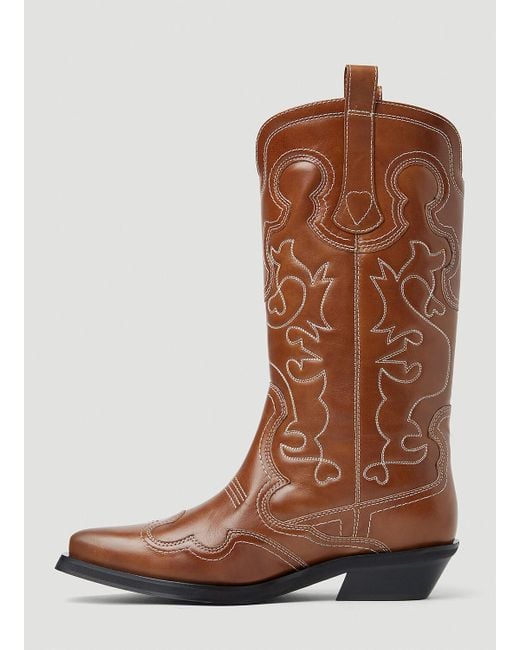 Ganni Brown Embroidered Western Boots