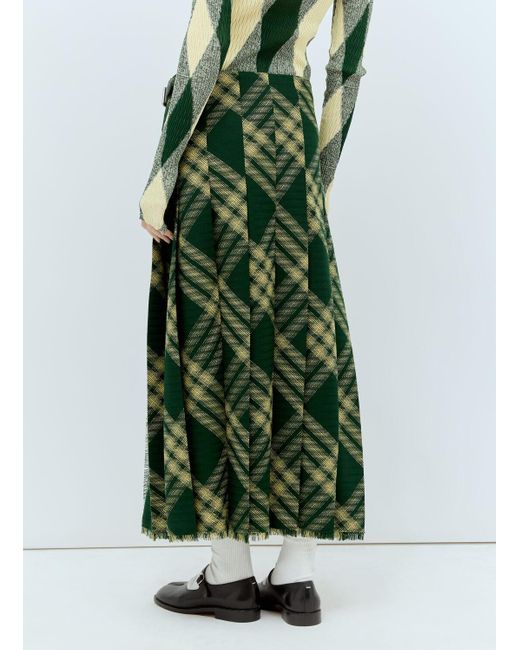 Burberry Green Wool Check Midi Skirt