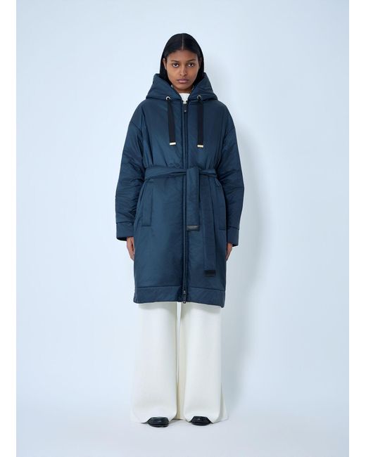 Max Mara Blue Hooded Quilted Coat With Belt