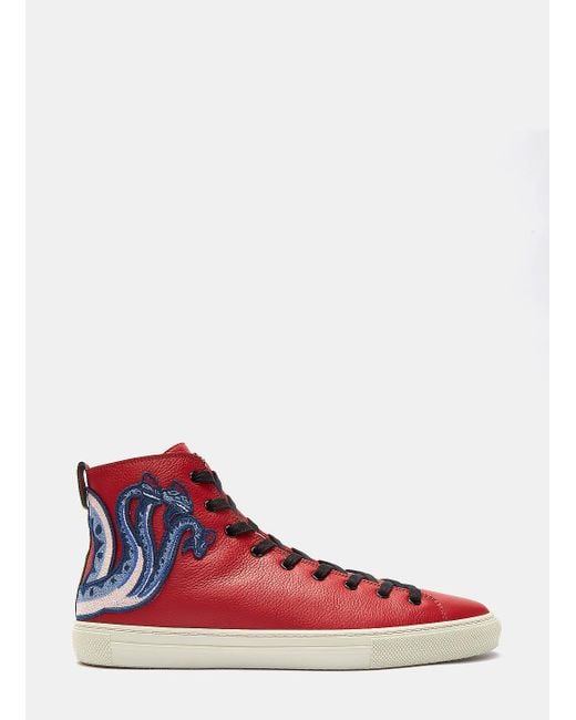 Gucci Men's Dragon Embroidered High-top Sneakers In Red for men