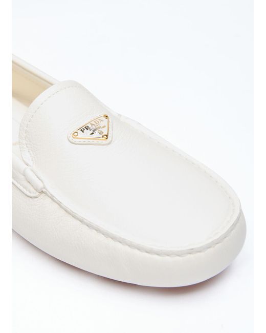 Prada White Driver Leather Loafers