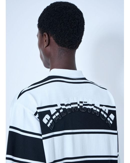 Balenciaga White Striped Logo-Patch Polo Shirt for men