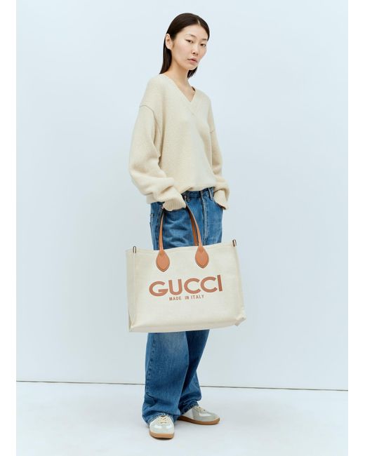 Gucci Natural Large Logo Print Canvas Tote Bag