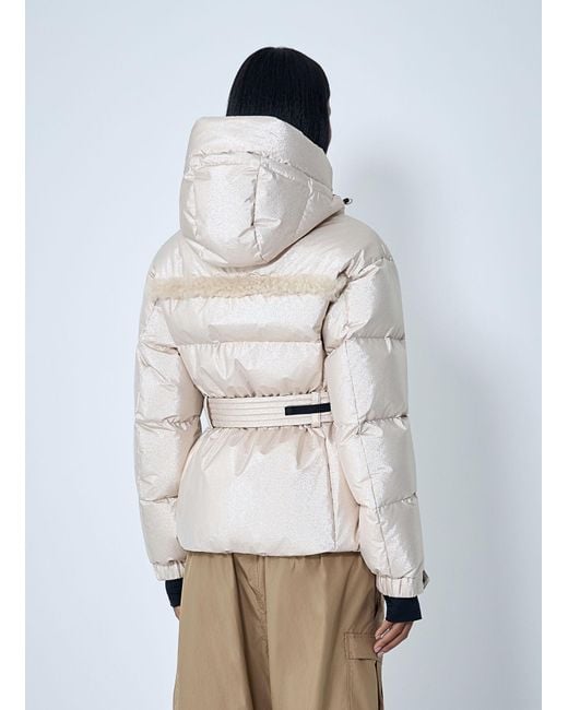 Moncler Gray Belted Down Jacket With Faux Fur Trim