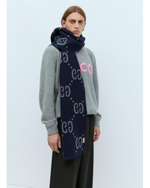 Gucci Gg Jacquard Wool Silk Scarf in Blue for Men Lyst