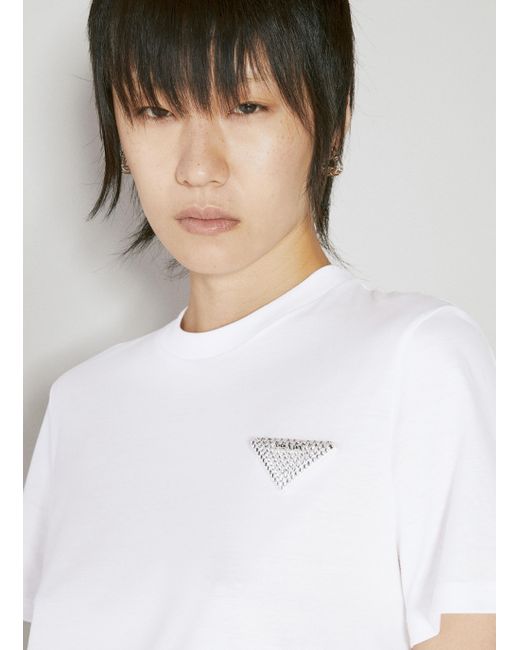 Prada Crystal Embellished Logo T-shirt in White | Lyst