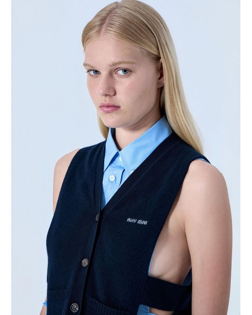Miu Miu Blue V-Neck Logo Vest