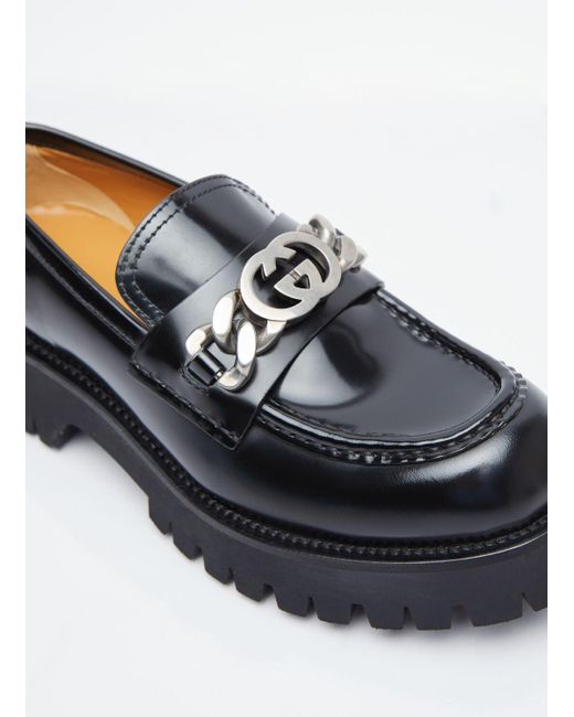 Gucci Black Interlocking G Chain Leather Loafers