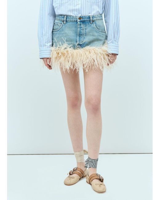 Miu Miu Blue Feather-trimmed Denim Mini Skirt