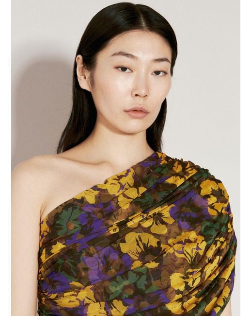 Saint Laurent Black Ruched One-shoulder Floral Dress