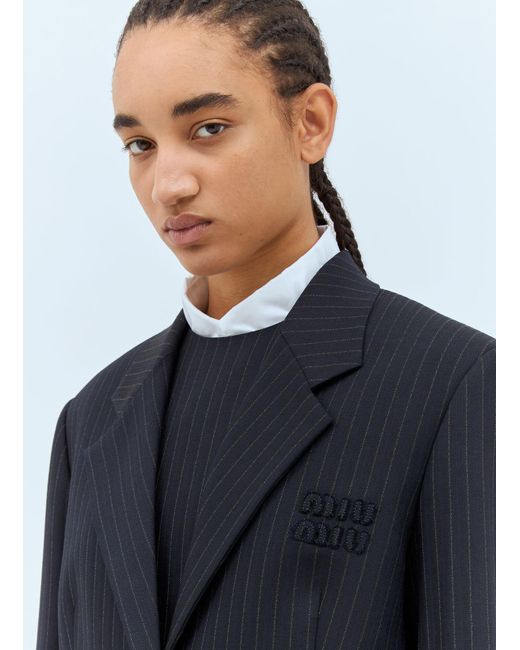 Miu Miu Blue Logo Patch Pinstripe Blazer