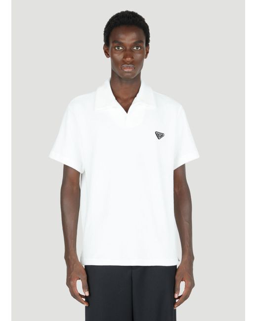 Prada White Terry-cloth Logo Patch Polo Shirt for men