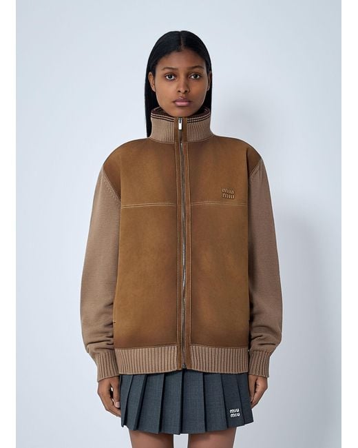 Miu Miu Brown High Neck Suede-Panel Jacket