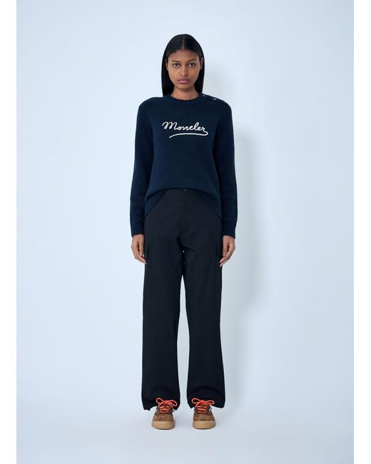 Moncler Blue Embroidered Logo Wool Sweater