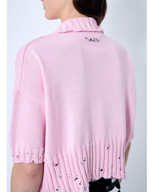 Marni White Distressed Knit Polo Shirt
