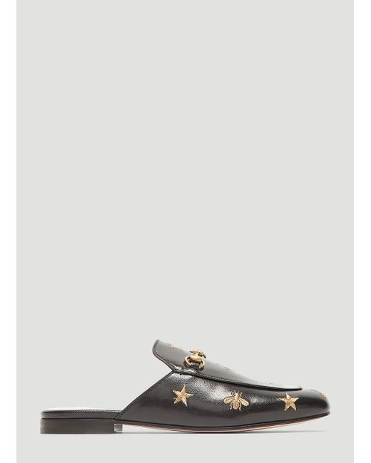Gucci Princetown Bee & Star Embroidered Leather Backless Mules In Black