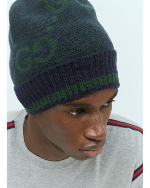 Gucci Blue Gg Cashmere Jacquard Beanie Hat for men