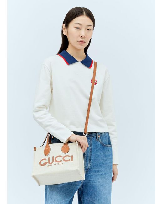 Gucci White Logo Print Canvas Tote Bag
