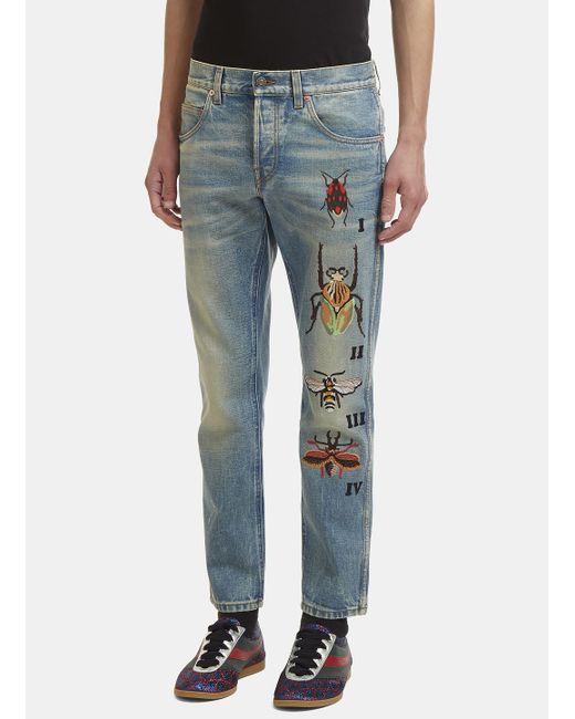 Gucci Insect Embroidered Slim Leg Jeans In Blue for men