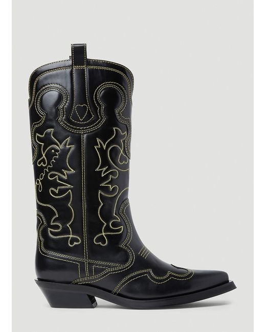 Ganni Black Embroidered Western Boots