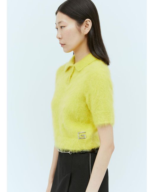 Gucci Yellow Crystal Embellished Logo Polo Top