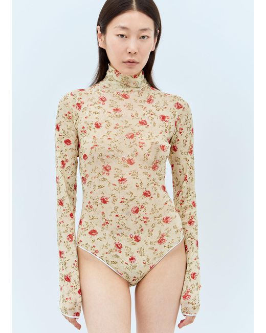 Prada Natural Printed Stretch Tulle Bodysuit