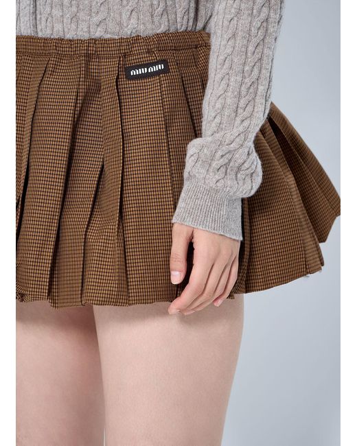 Miu Miu Brown Pleated Gingham Check Mini Skirt