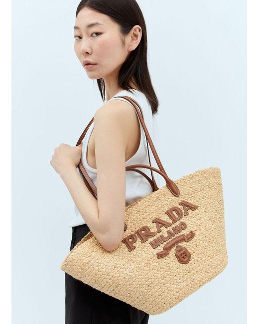 トートバッグ PRADA large shopping bag in raffia Prada Large Raffia and Leather Shopping Bag – Overstock