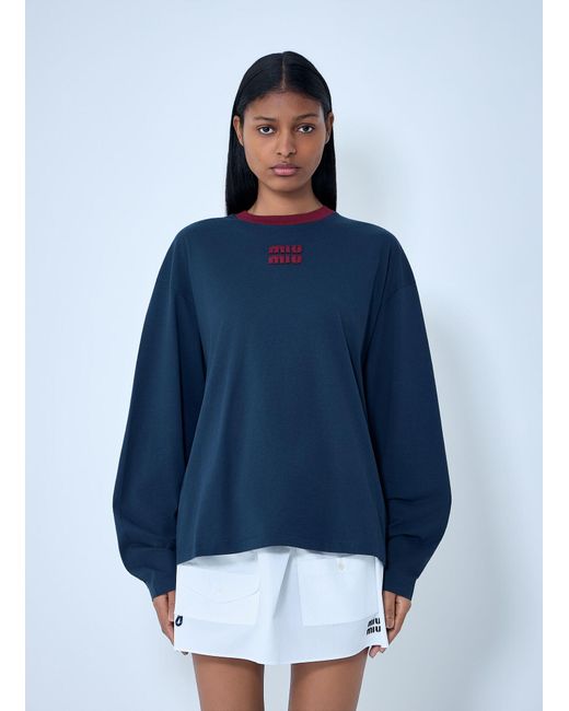 Miu Miu Blue Cotton Jersey Sweatshirt With Logo Motif
