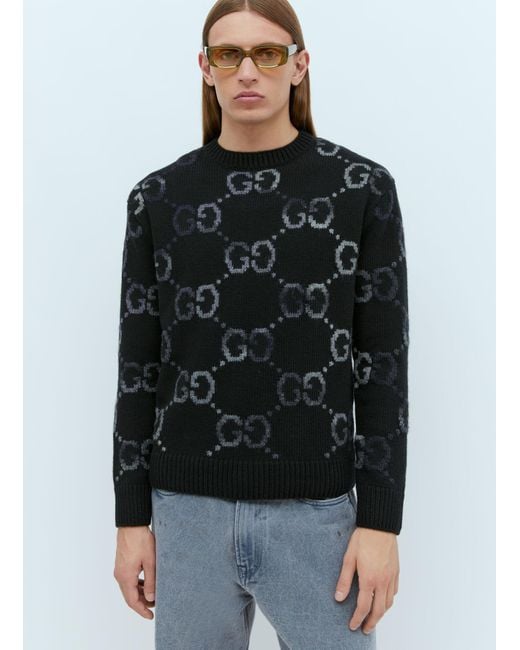 Gucci Black Monogram-pattern Ribbed-trim Wool-blend Knitted Jumper for men