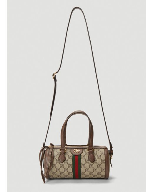 Gucci Natural Ladies Beige And Brown Leather Striped Ebony Ophidia Gg Small Boston Canvas Shoulder Bag