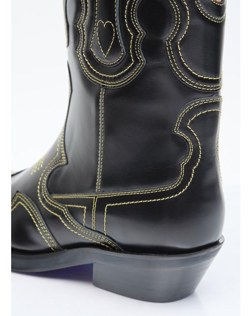 Ganni Black Embroidered Western Ankle Boots